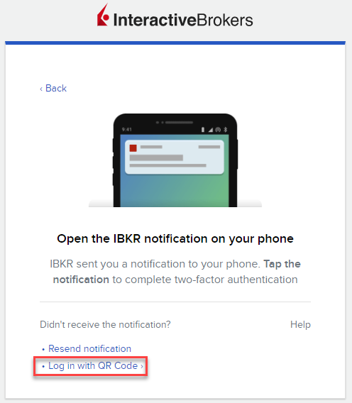 The IBKR Mobile login notification login with QR code link in portal. 
